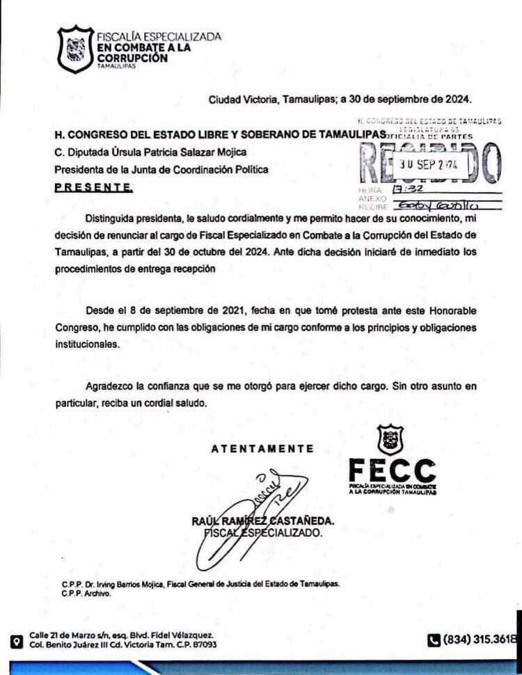 Renuncia Raúl Rmz. Castañeda como Fiscal Anticorrupción en Tamaulipas
