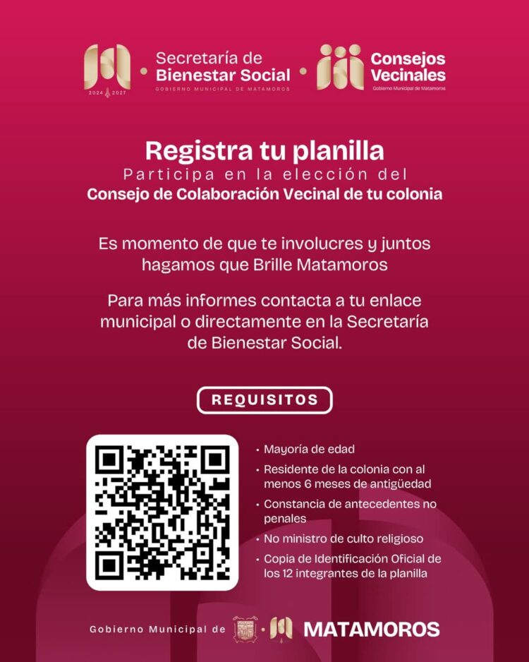 Se abre el registro para participar en la elección del consejo de colaboración vecinal en Matamoros